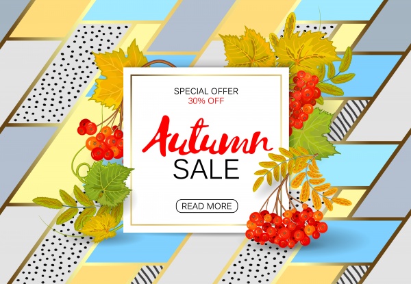 Autumn vector sale background with colorful autumn leaves and a rowan on marble backdrop ((eps (24 files)