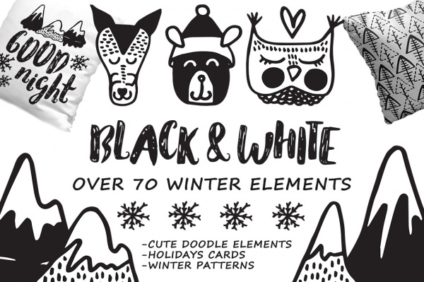 Black White winter - hand drawn set ((eps (111 files)