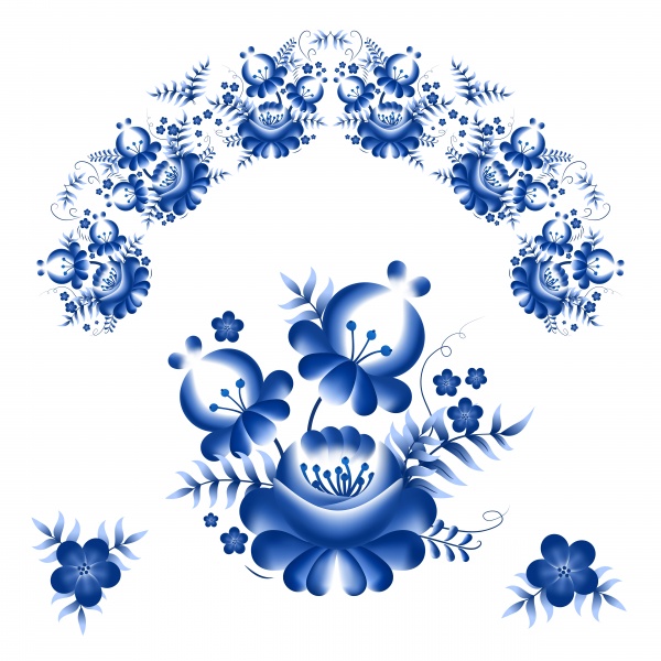Classic russian gzhel ornament and vector floral elements ((eps (14 files)