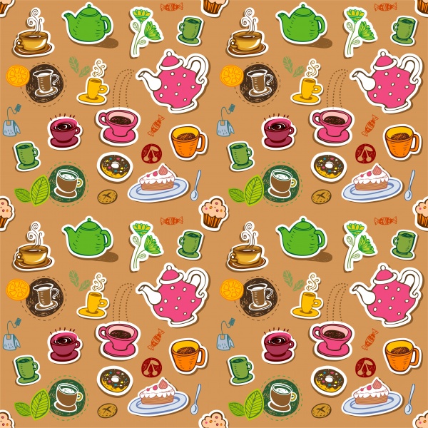Cute retro coffee and tea seamless pattern with teapots, cups, entertainments and sweets ((eps (24 files)