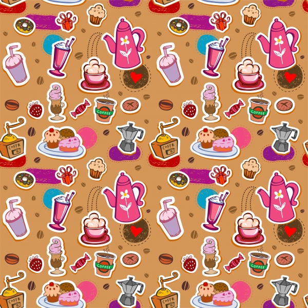 Cute retro coffee and tea seamless pattern with teapots, cups, entertainments and sweets ((eps (24 files)