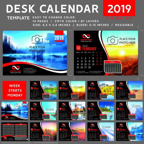 2019 desk vector calendar design template (8 files)