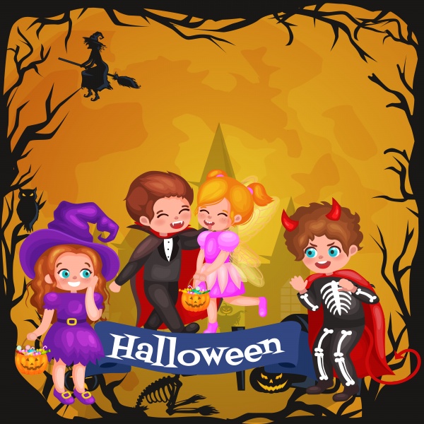 Cute colorful Halloween kids in costume for party set ((eps (24 files)