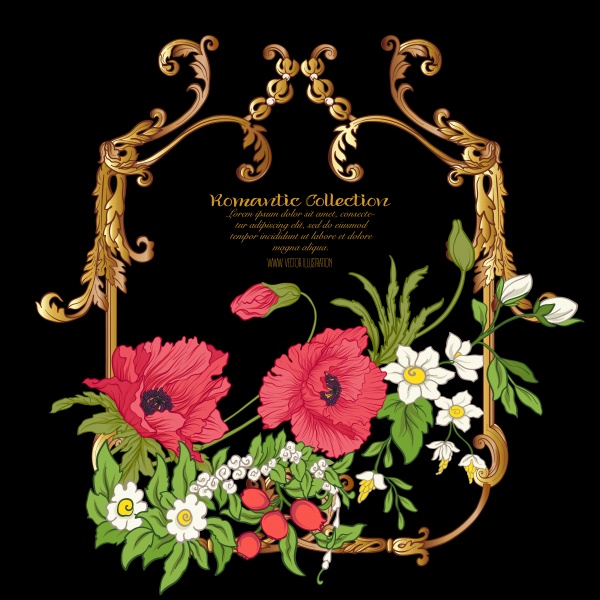 Gold vintage vector frame with flowers, poppy, daffodil, anemone ((eps (20 files)