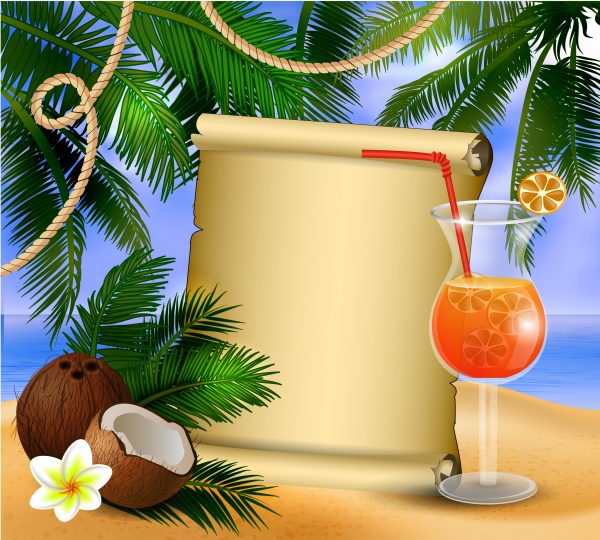 Beautiful beach with starfish palm leaves rope and wooden boards on chain and glass of beverage vector illustration ((eps (16 files)