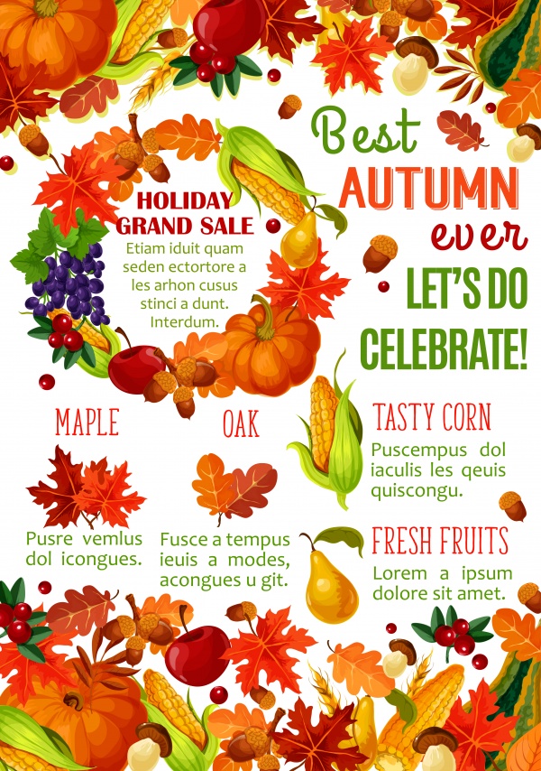 Autumn sale vector banner with fall harvest vegetable, fruit and leaf frame ((eps (24 files)