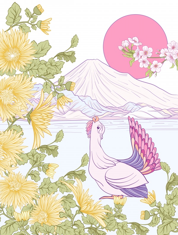 Japanese vector landscape with mount Fuji, sea, japanese woman in a kimono and tradition flowers and a bird ((eps (18 files)