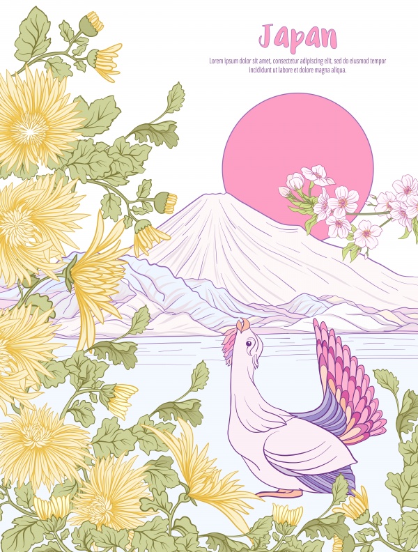 Japanese vector landscape with mount Fuji, sea, japanese woman in a kimono and tradition flowers and a bird ((eps (18 files)