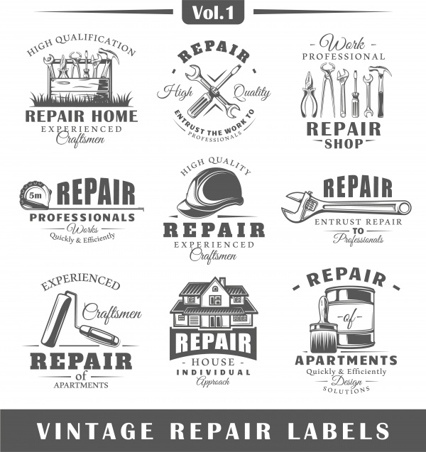 Set of vintage vector labels, construction, posters, stamps, banners and design elements, repair elements ((eps (38 files)