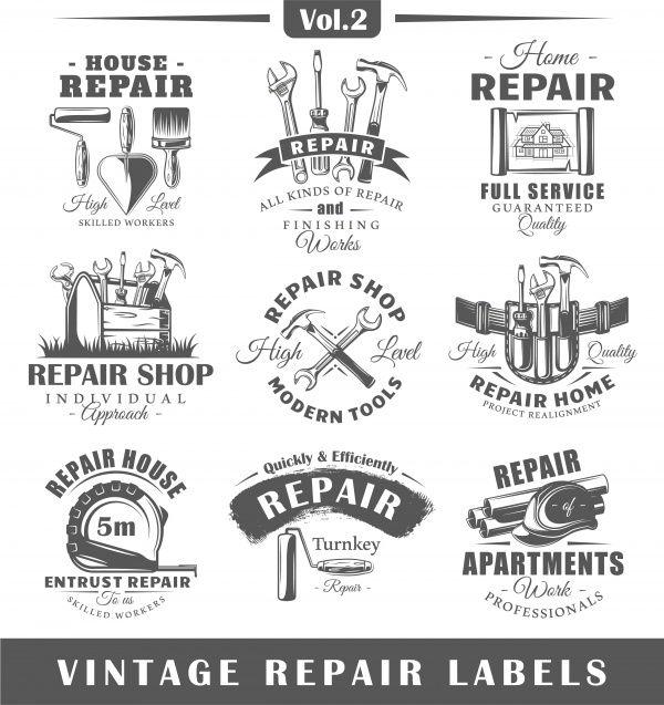 Set of vintage vector labels, construction, posters, stamps, banners and design elements, repair elements ((eps (38 files)