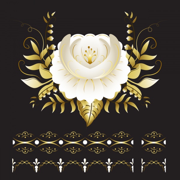 Vector cute white owl with gold florals, white and gold ornamental flowers ((eps (20 files)
