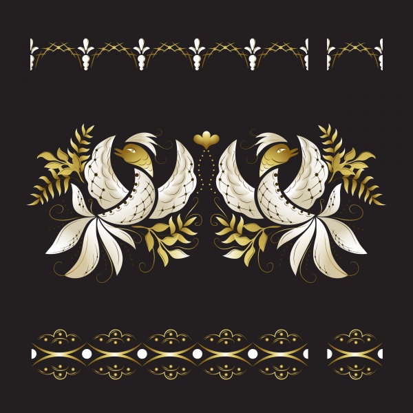Vector cute white owl with gold florals, white and gold ornamental flowers ((eps (20 files)