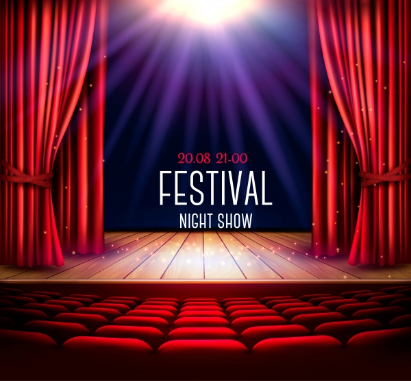 A theater stage with a red curtain and a spotlight ((eps (32 files)