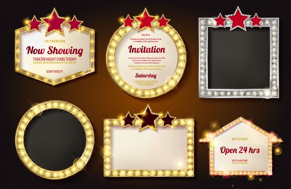 Big set of vector retro frames with glowing lamps, banners with shining lights ((eps (28 files)