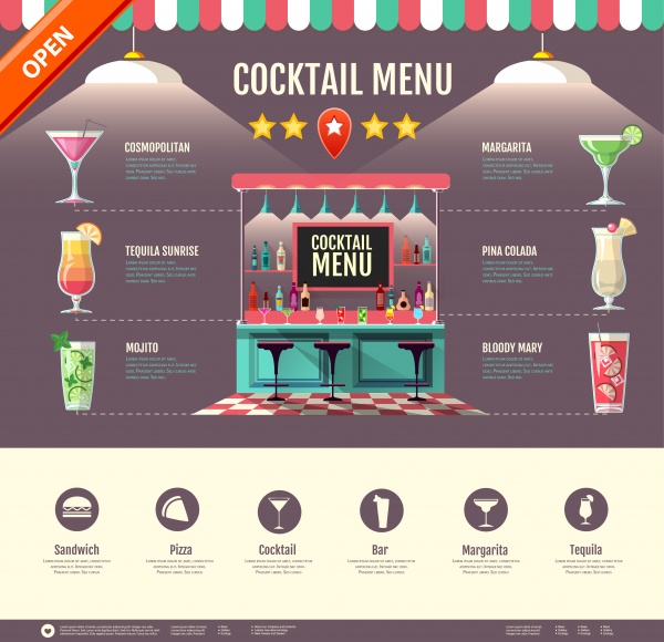 Cocktail vector menu, flat cocktail design on decorative watercolor background ((eps (38 files)