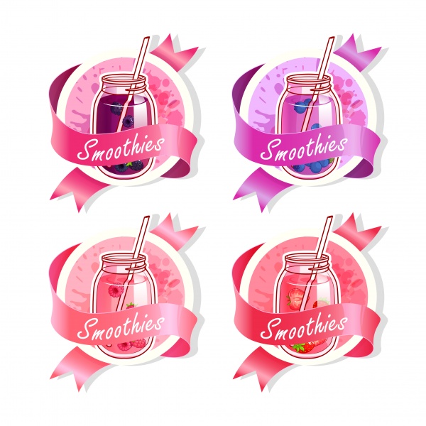 Stickers with ribbon and different fruits juices and milkshakes, cupcakes ((eps (38 files)