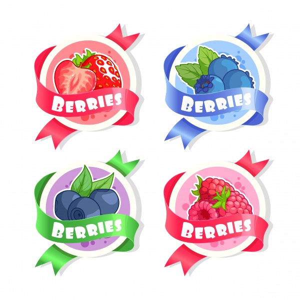 Stickers with ribbon and different fruits juices and milkshakes, cupcakes ((eps (38 files)