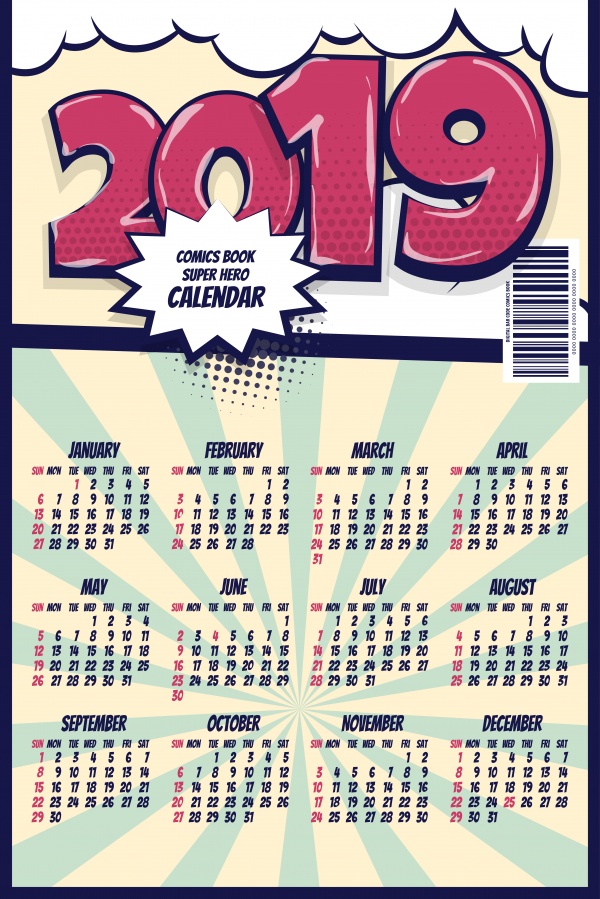 2019 retro comic book calendar vector illustration ((eps (22 files)