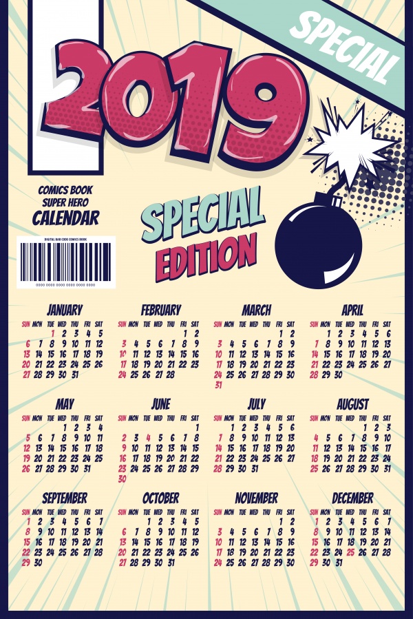 2019 retro comic book calendar vector illustration ((eps (22 files)