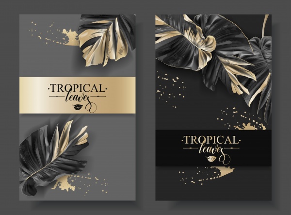 Vector banners with black gold tropical leaves and splashes, luxury exotic botanical design for cosmetics ((eps (12 files)