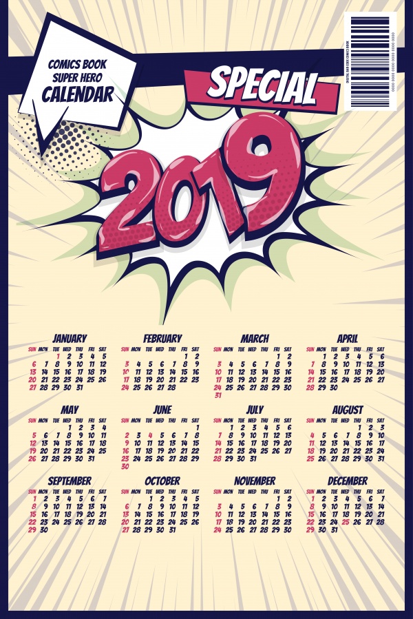 2019 retro comic book vector calendar ((eps (18 files)
