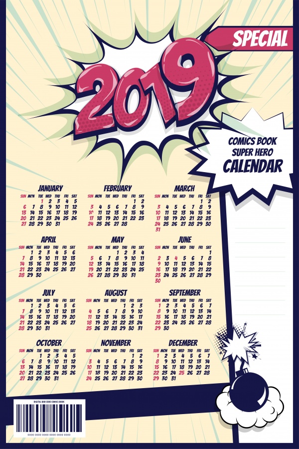 2019 retro comic book vector calendar ((eps (18 files)