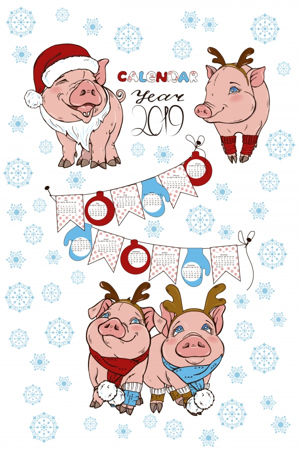 Calendar 2019 with pigs vector illustration ((eps (12 files)