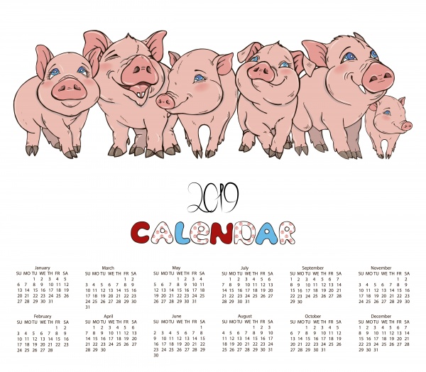 Calendar 2019 with pigs vector illustration ((eps (12 files)