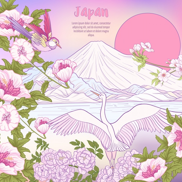 Japanese landscape with Mount Fuji, Japanese woman in a kimono and tradition flowers and a bird ((eps (8 files)
