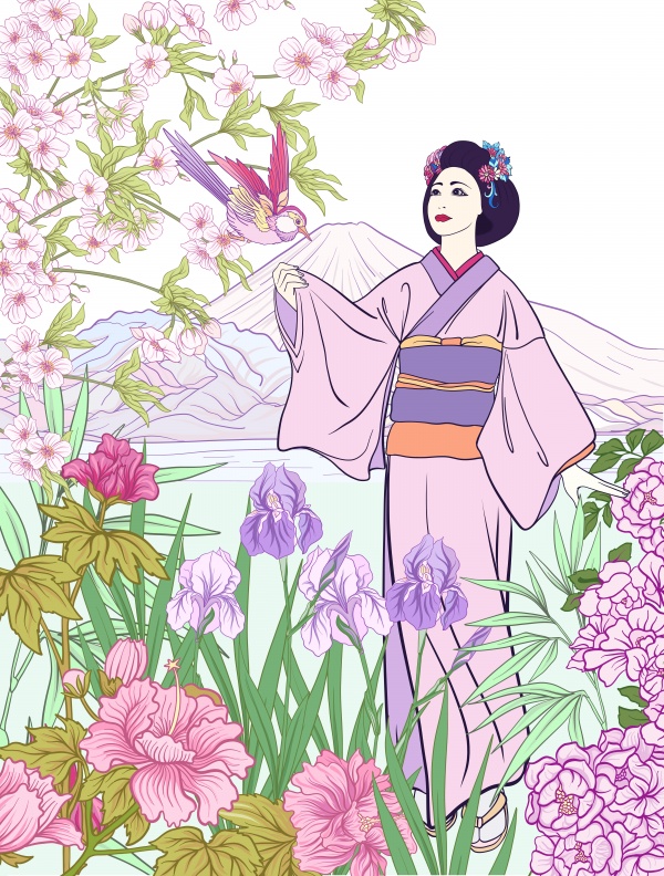 Japanese landscape with Mount Fuji, Japanese woman in a kimono and tradition flowers and a bird ((eps (8 files)