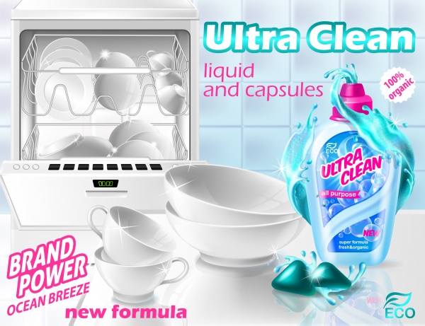 Mockup for brand advertising vector design, laundry detergent, liquid cleaner and capsules for dishwasher ((eps