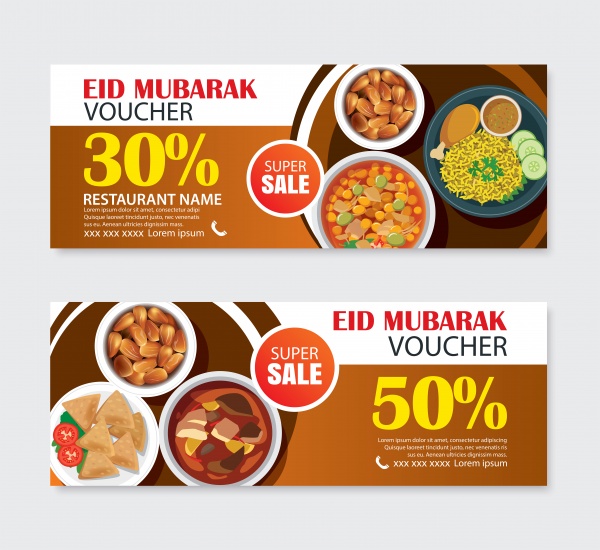 Eid Mubarak party invitations greeting card and banner with food background, Ramadan Kareem vector illustration ((eps (10 files)
