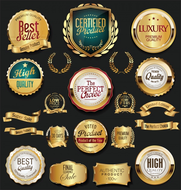Labels badges frames and ribbons vector collection, bitcoin gold labels ((eps (18 files)
