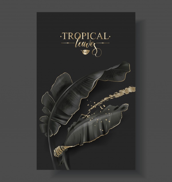 Vector banner with tropical leaves and gold splashes, design for cosmetics, spa, perfume (18 files)