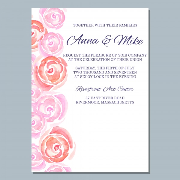 Wedding invitation template with watercolor roses, watercolor gentle background for invitations and greeting cards ((eps (18 files)