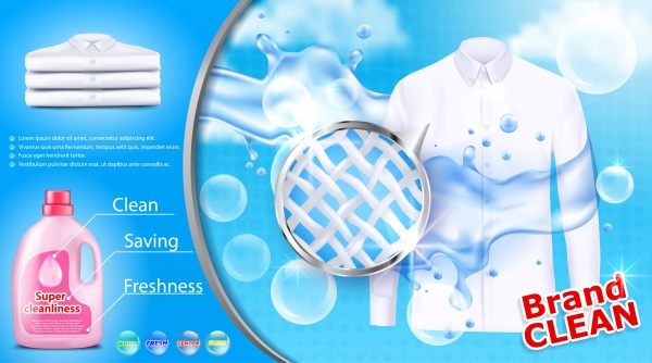 Realistic vector banner with organic liquid detergent with brand label, with splashed cleanser and soap bubbles ((eps (46 files)