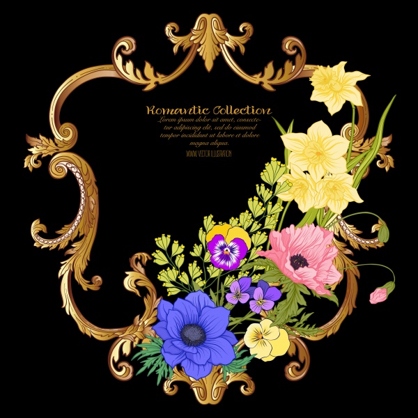 Gold vintage vector frame with flowers, poppy, daffodil, anemone ((eps - 2 (18 files)