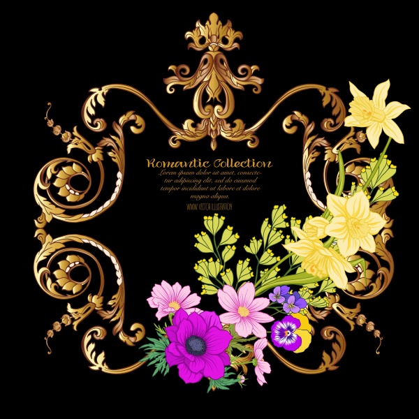 Gold vintage vector frame with flowers, poppy, daffodil, anemone ((eps - 2 (18 files)