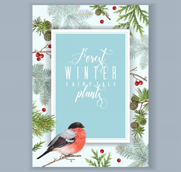 Winter vector frame design for greeting card with forest branches and bullfinch, Christmas party invitation ((eps - 2 (12 files)