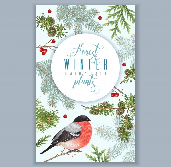 Winter vector frame design for greeting card with forest branches and bullfinch, Christmas party invitation ((eps - 2 (12 files)