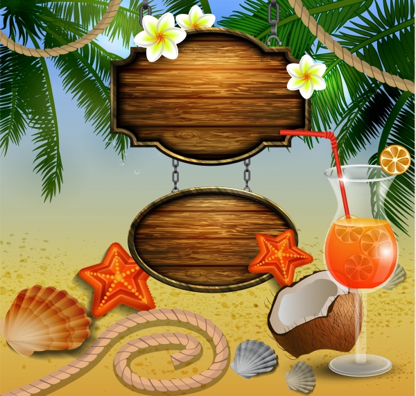 Beautiful beach with starfish palm leaves rope and wooden boards on chain and glass of beverage vector illustration ((eps (16 files)