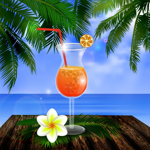 Beautiful beach with starfish palm leaves rope and wooden boards on chain and glass of beverage vector illustration ((eps - 2 (16 files)