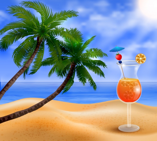 Beautiful beach with starfish palm leaves rope and wooden boards on chain and glass of beverage vector illustration ((eps - 2 (16 files)