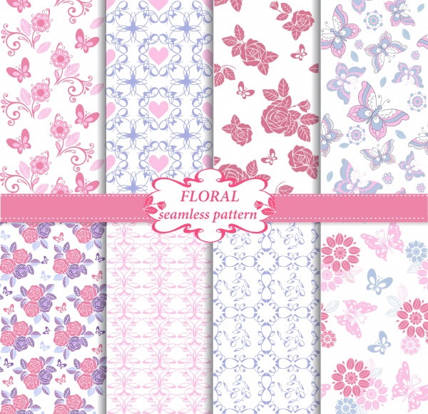 Collection of floral seamless vector pattern with decorative hearts and butterflies ((eps (14 files)