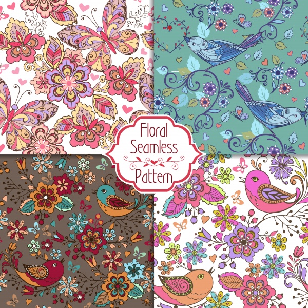 Collection of floral seamless vector pattern with decorative hearts and butterflies ((eps (14 files)