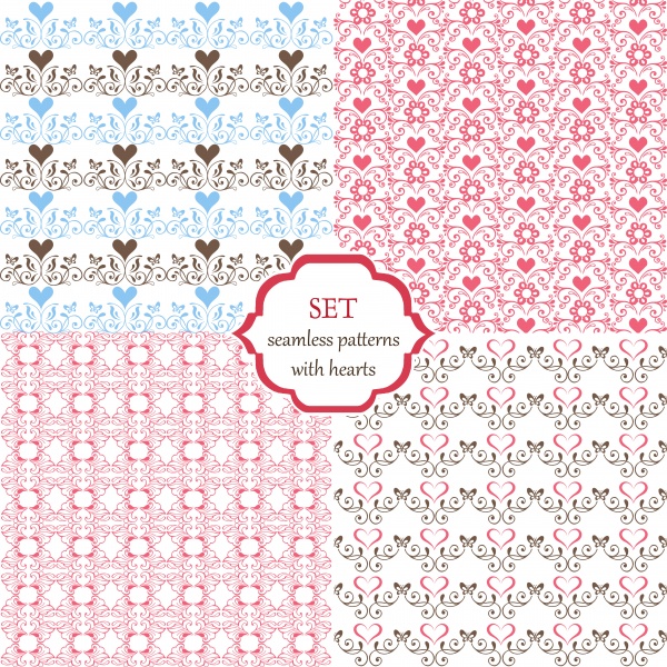 Collection of floral seamless vector pattern with decorative hearts and butterflies ((eps - 2 (10 files)