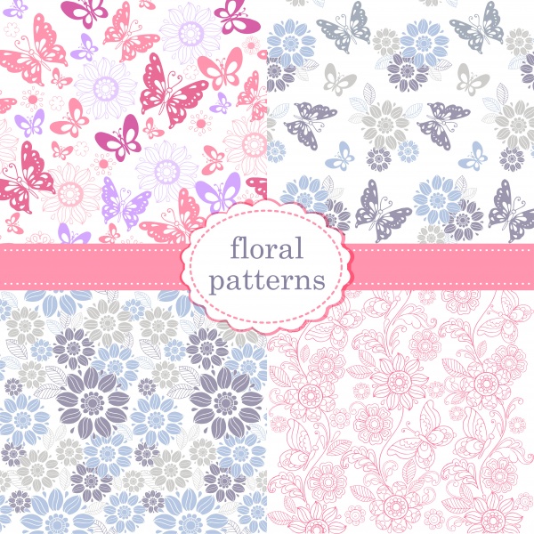 Collection of floral seamless vector pattern with decorative hearts and butterflies ((eps - 2 (10 files)
