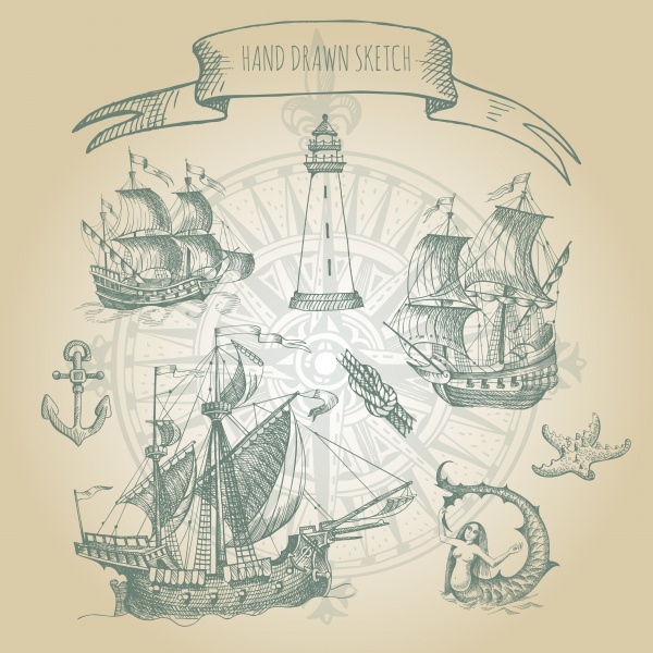 Hand drawn vector vintage sailboat, old geographical maps of sea ((eps (16 files)