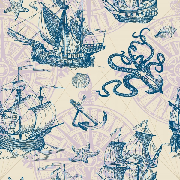 Hand drawn vector vintage sailboat, old geographical maps of sea ((eps - 2 (16 files)