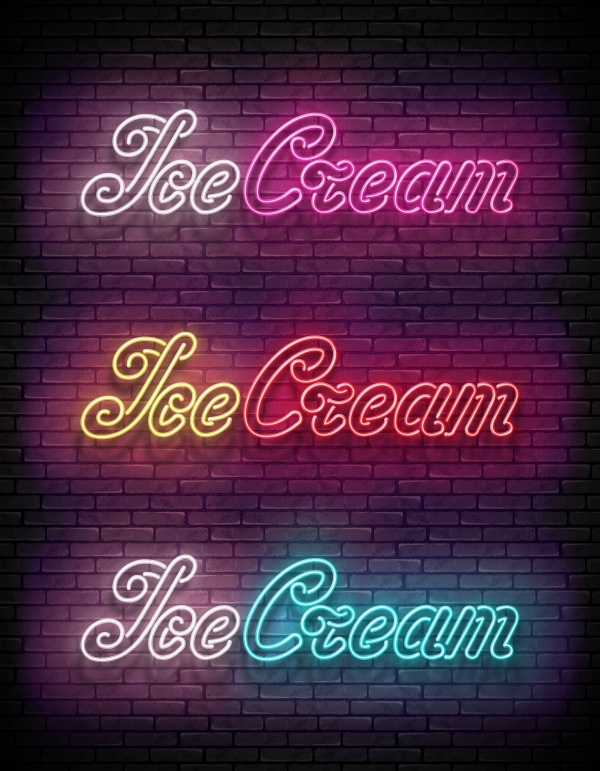 Poster with ice cream and neon lettering, vector 3d illustrator ((eps - 2 (10 files)